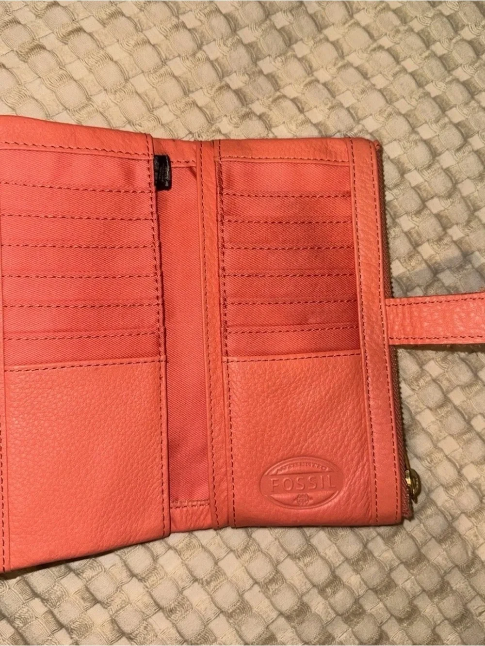 Fossil Coral Pink Pebbled Leather Zip Wallet